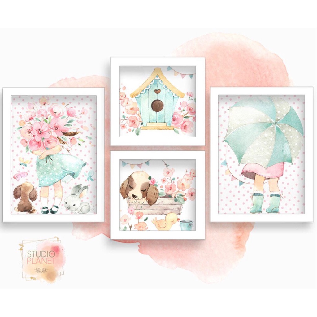 QUADROS DECORATIVOS INFANTIL TEMA JARDIM ENCANTADO PERSONALIZADO BORBOLETAS COLORIDA AQUARELA KIT 4 PEÇAS