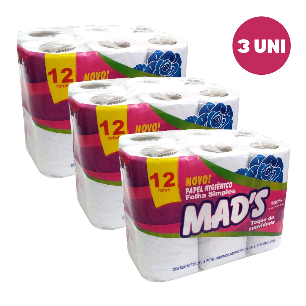 Kit 3 Pacotes Papel Higiênico Mads Suave 12 Rolos