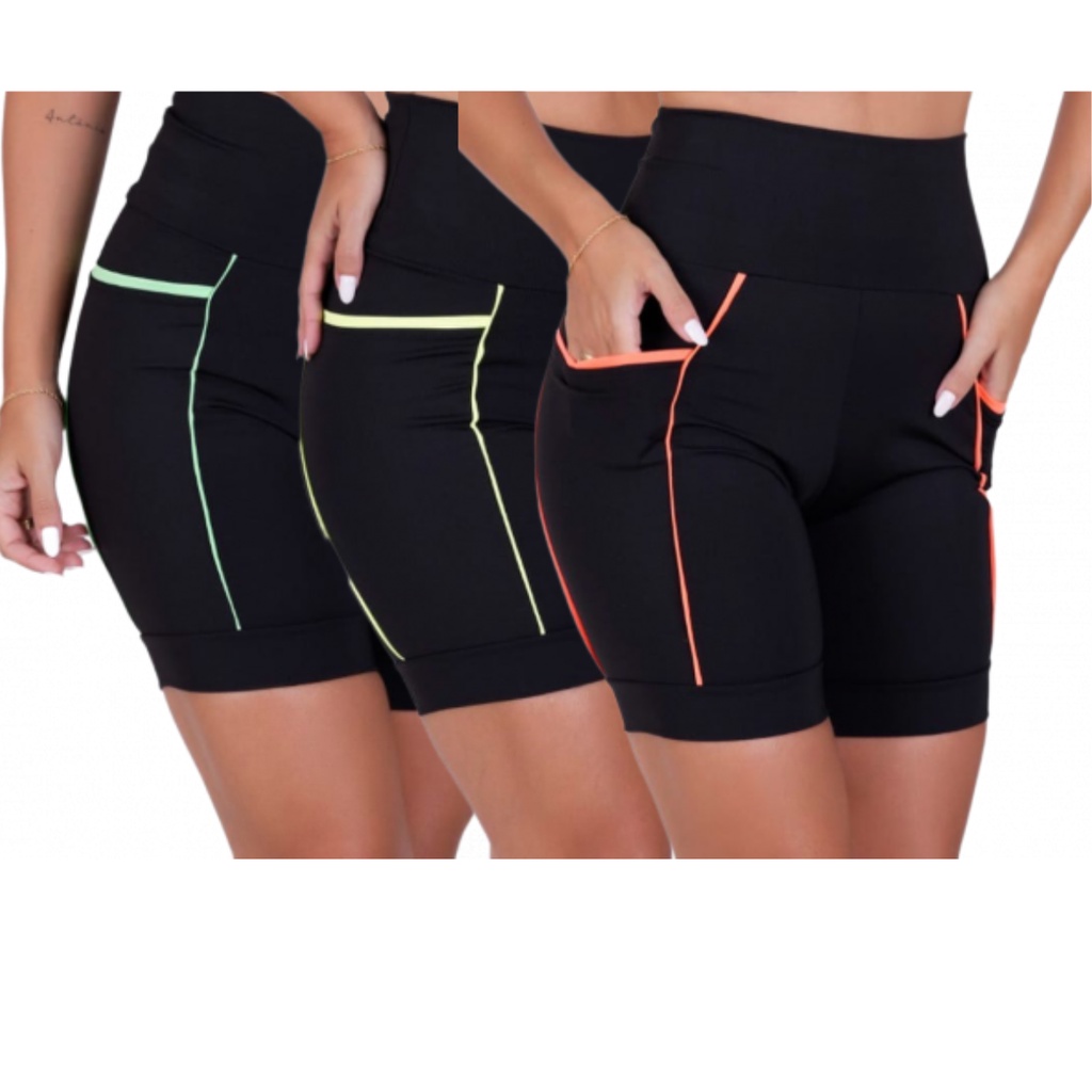 Kit com 3 Bermudas Fitness Cós Alto Refletiva de Corrida e Academia de Média Compressão com Bolsos em Oferta na Shopee