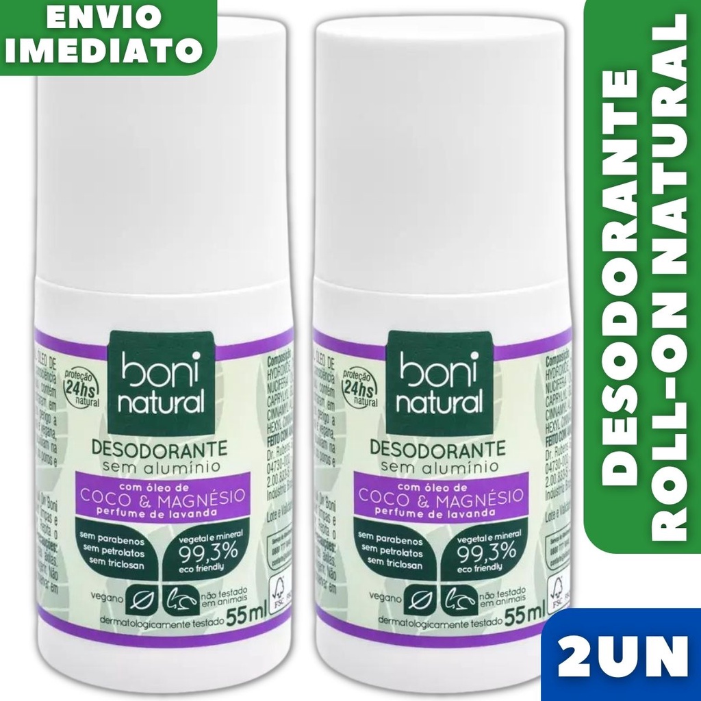 Kit 2 Desodorante Roll-on Vegano Coco e Magnésio Perfume Lavanda 55ml - Boni Natural