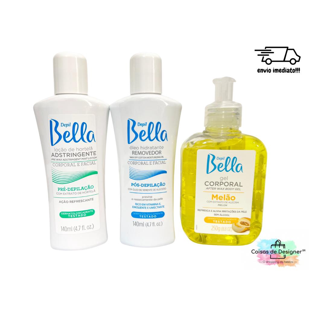 Kit Depilação Gel Melão 250g + Òleo Removedor 140ml + Adstringente Hortelã 140ml  Depil Bella