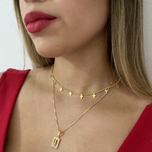 Conjunto Feminino Colar Corrente Choker + Pingente Nossa Senhora Aparecida Banhado a Ouro 18k Antialérgico