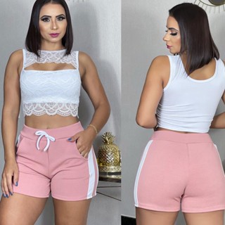 Short Feminina Malha Com Faixa Lateral Esticar Moda Top