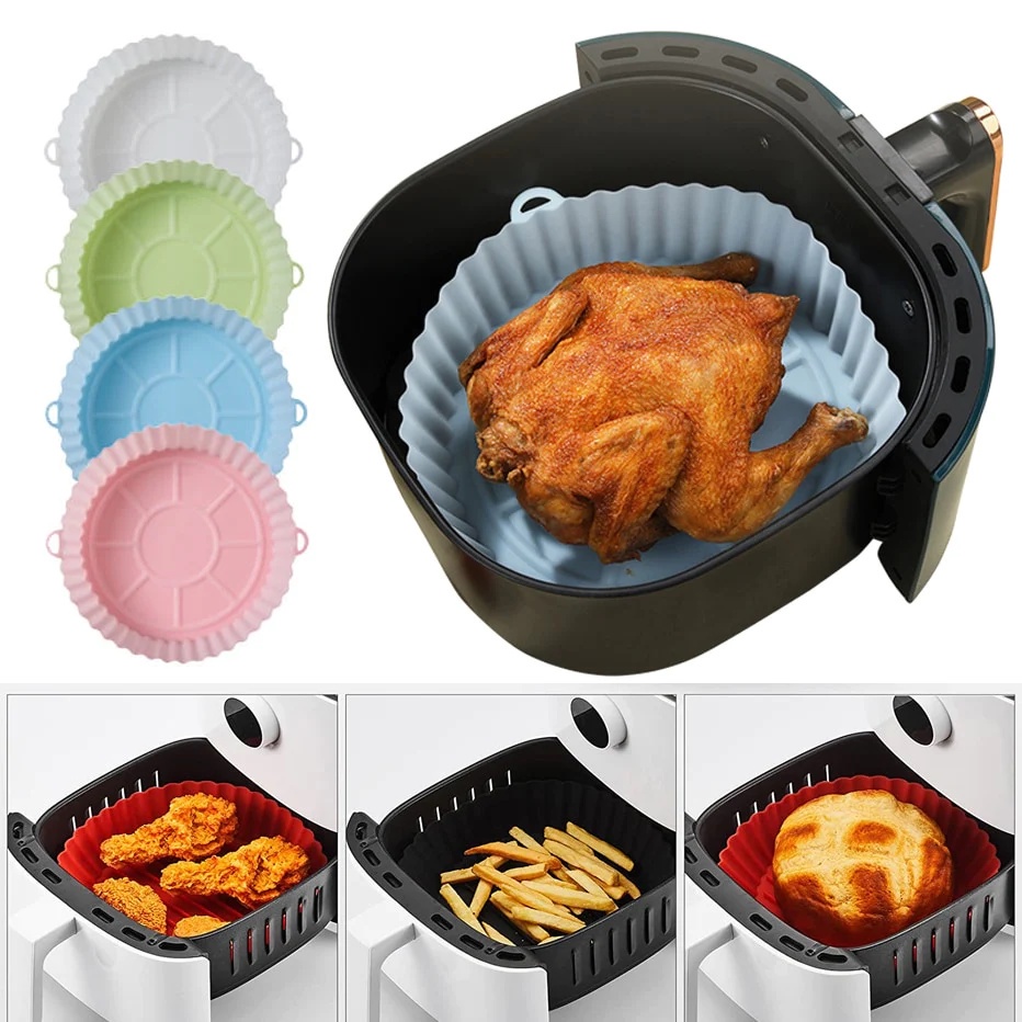 Cesto de Silicone Redondo Air Fryer e Forno Forma para Fritadeira Elétrica com Alça