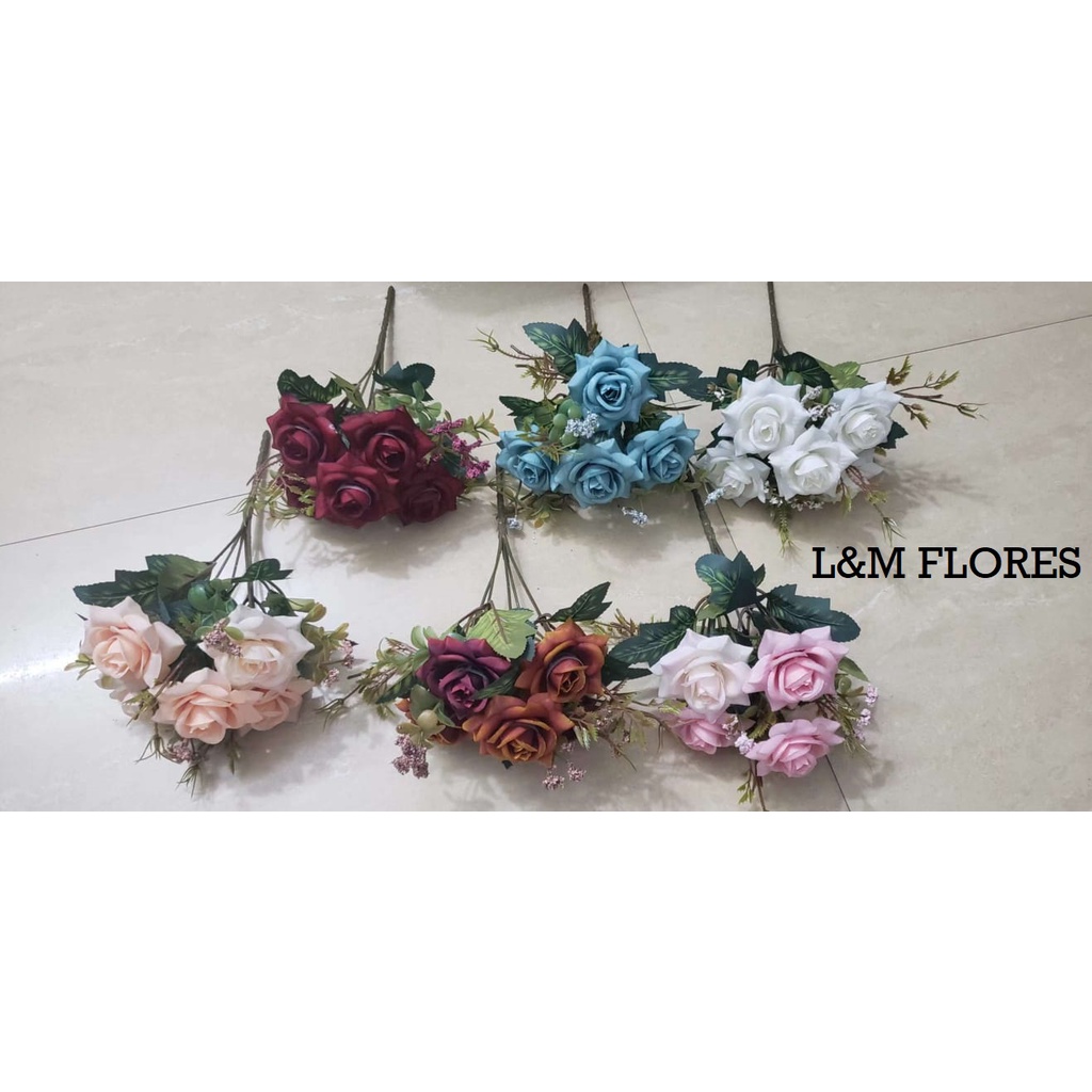 Buquê de Rosa artificial com 5 flores ideal para arranjos e decoração de casamento, casa, festas e eventos