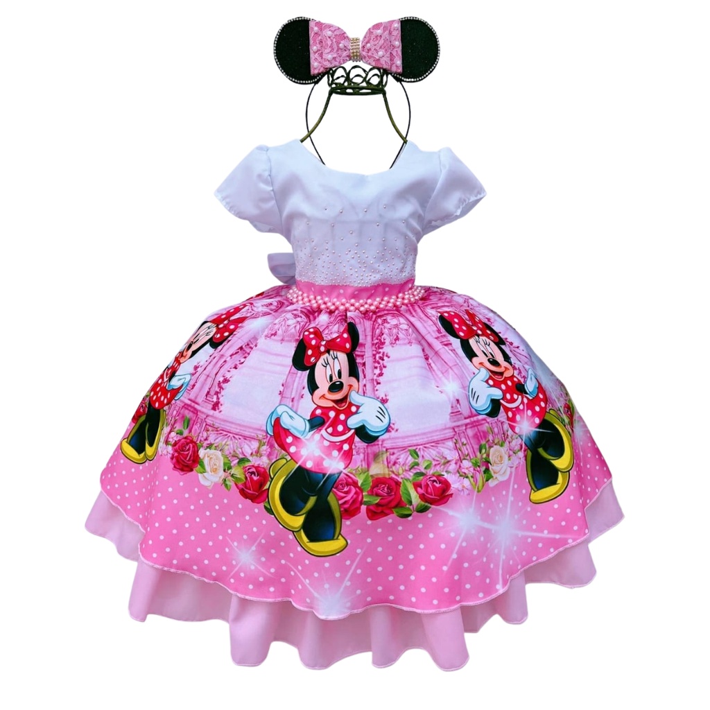 O Vestido Infantil Minnie Rosa para Aniversários Acompanha Saiote Extra
