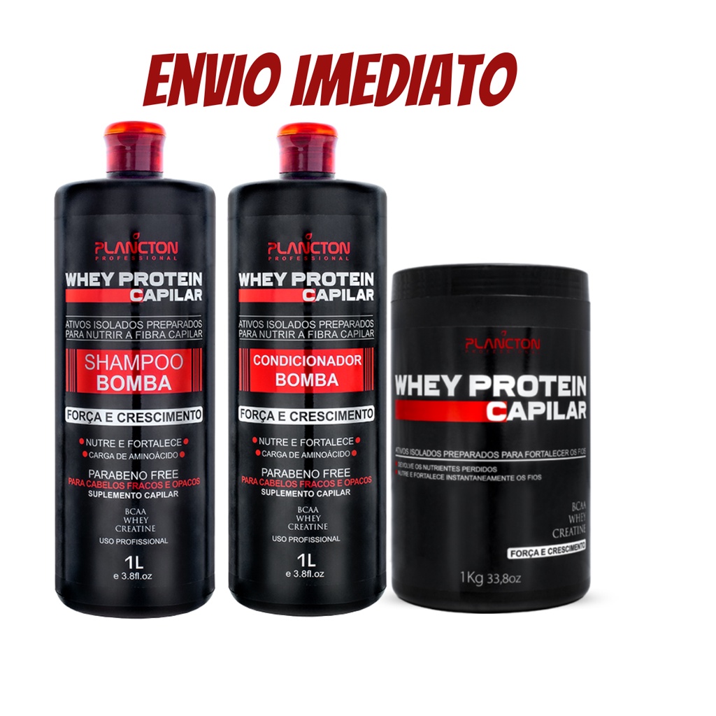 Kit Tratamento Plancton Whey Protein Shampoo Condicionador Mascara Bomba Ajuda Crescimento Capilar Fortalecendo Os Fios Pós Quimica Reconstrução Profunda Choque Queratina Cabelo Danificado Seco Desmaia Reparador Pontas Duplas