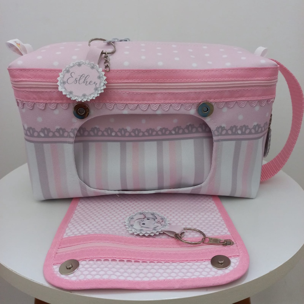 Nécessaire do Bebê - Porta Fraldas e Lenços Umedecidos - Bolsa da Mamãe e Bebê - Elefantinha Flor