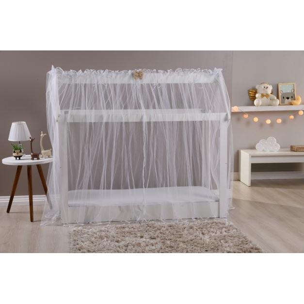 Mosquiteiro Montessoriano Solteiro em Tule Branco 2.10m x 2.25m Viés e Laço Decorativo Rosa