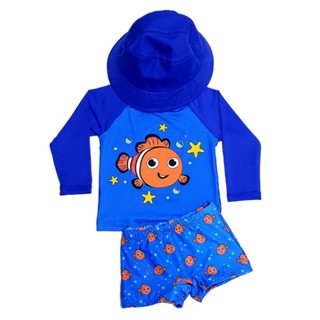 Conjunto com Chapéu Bebe menino proteção UV 50+ camiseta e sunga de 3 meses a 24 meses