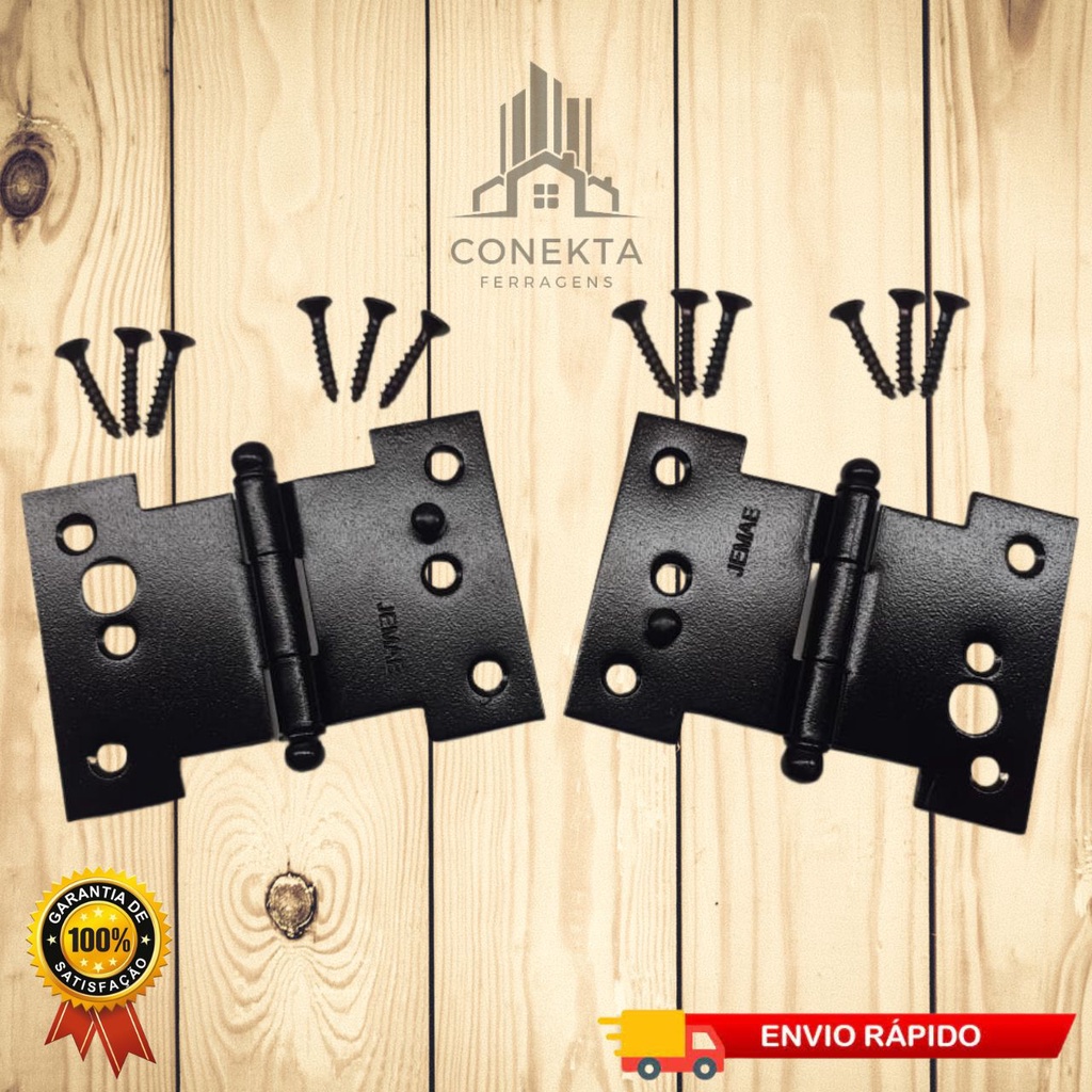 Kit 2 Dobradiça Palmela Preta 3 1/2" Para Janela Colonial Com Pino de Segurança e 12 Parafusos