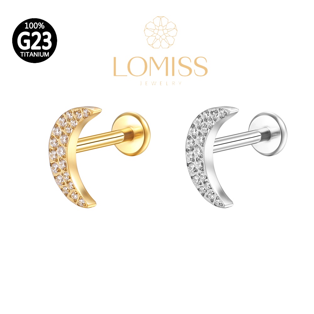 Piercing Orelha Labret Titânio PVD com Lua e Zircônia 《Lomiss semijoias》
