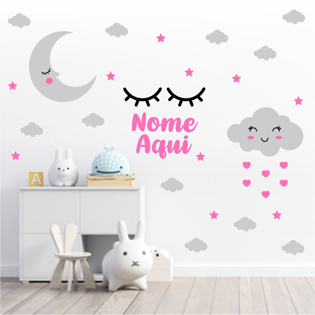 Adesivo de parede infantil - Lua + Nuvem + Cílios + Estrelas + Coração + Nome Personalizado - Chuva de Amor / Chuva de Benção / menino menina