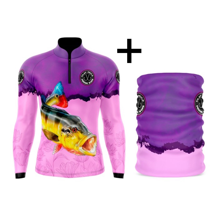 Camisa camiseta blusa de pesca com proteção solar uv50+ tucunaré feminina com bandana