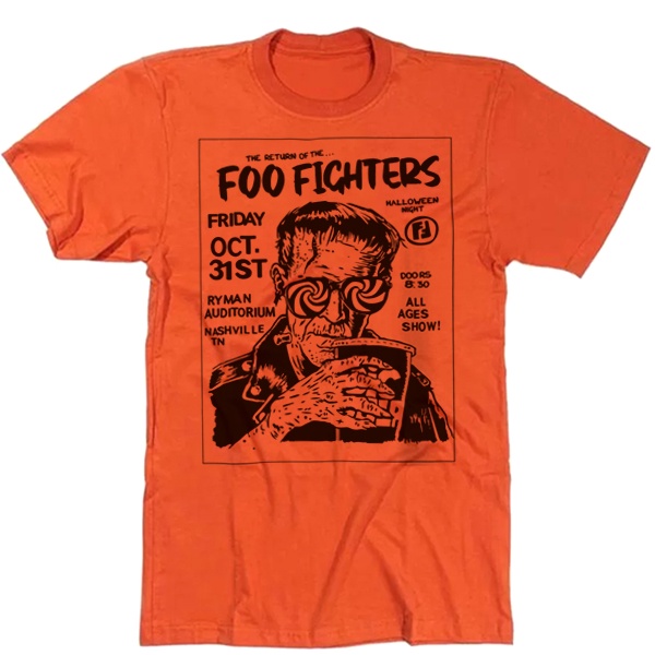 Camiseta Algodao Foo Fighters Poster Frankstein Dave Grohl Laranja Banda de Rock Grunge