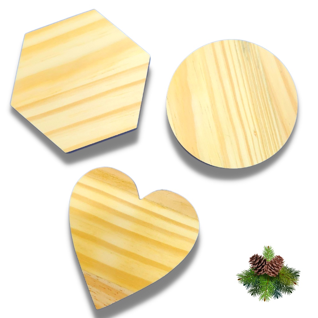03 Unidades Bolacha Porta Copo 10CM Quadrado, Redondo, Coração |  Madeira de Pinus Mesa Posta Decoração  Artigos de Cozinha