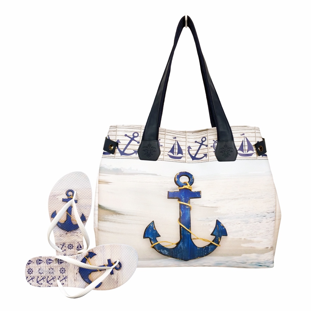 Kit Bolsa Feminina Chinelo Praia Ancora Grande Impermeável Moda Praia Verão Magicc Bolsa BCH-190