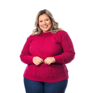 Blusa Tricô Gola Redonda Trabalhada Ponto Arroz Plus Size -028