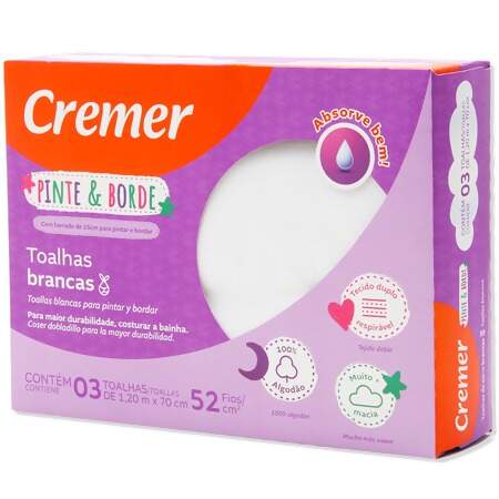 Toalha Fralda de Pano Pinte e Borde Cremer Luxo Branca Caixa Com 3un