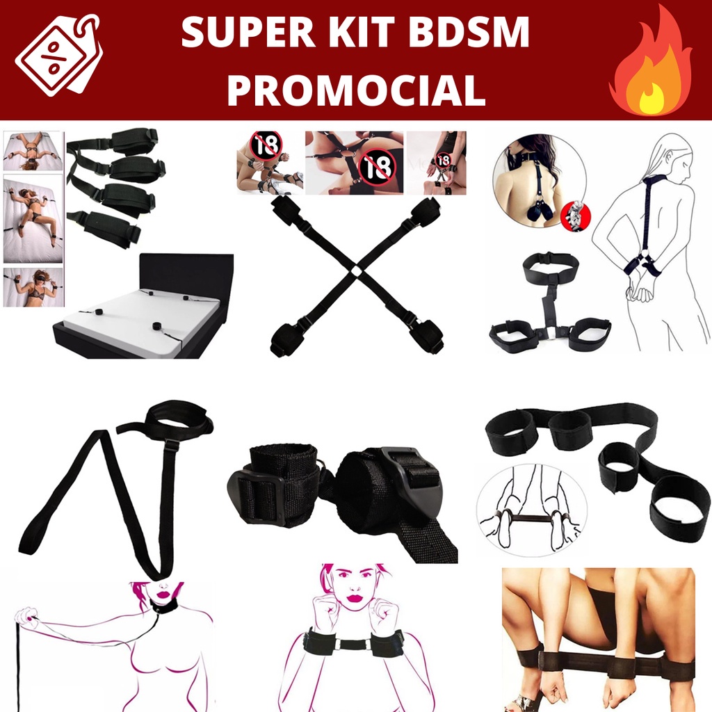 Super Kit BDSM 6 Peças algemas coleira amarra prender na cama em x Bondage Submissão Dominação Sex Shop