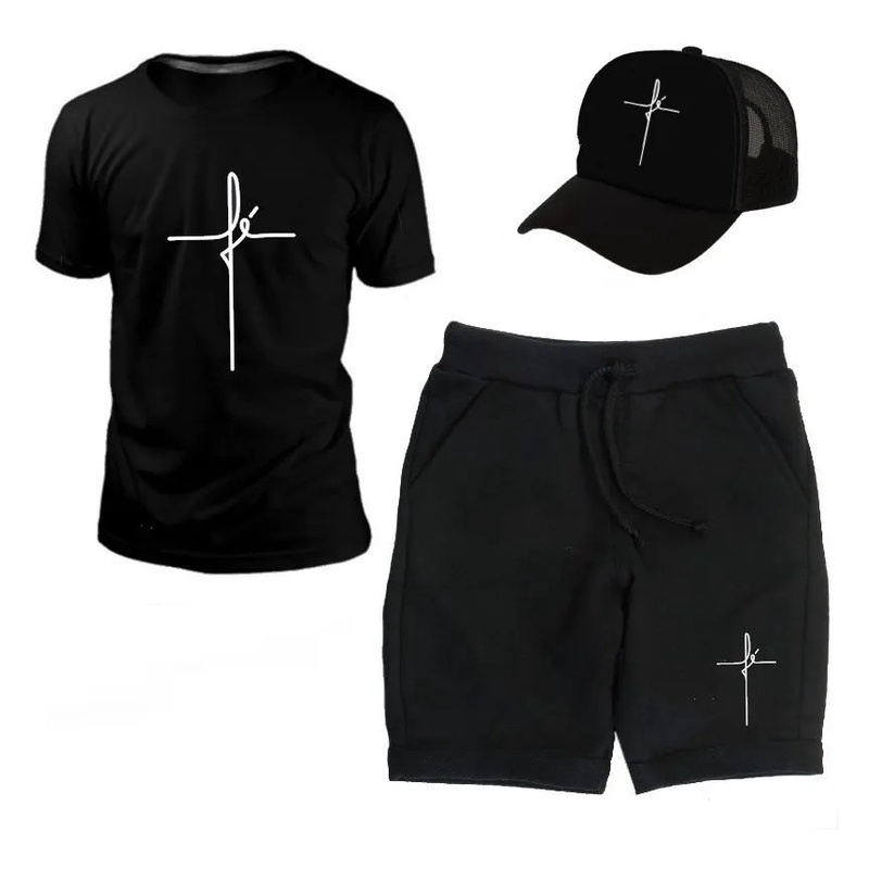 Kit Bermuda Moletom + Camiseta + Boné Fé Religião Gospel
