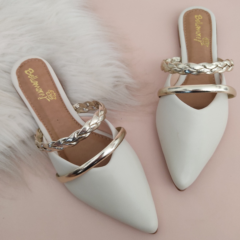 Mule Bico Feminino Rasteira Com Detalhe Tira Trançada Confortavel Cores Preto,OffWhite,Nud...