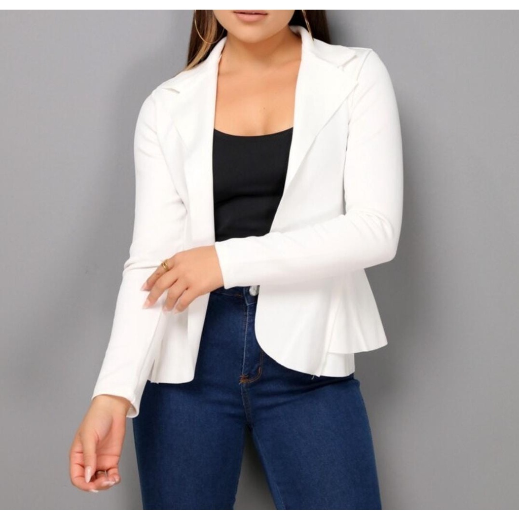 Blazer Feminino Alfaiataria em Neopreme Curto Cortado a Laser terninho Social Aberto Feminino Preto Branco Rosa Verde Militar P - M - G - GG  Varias cores