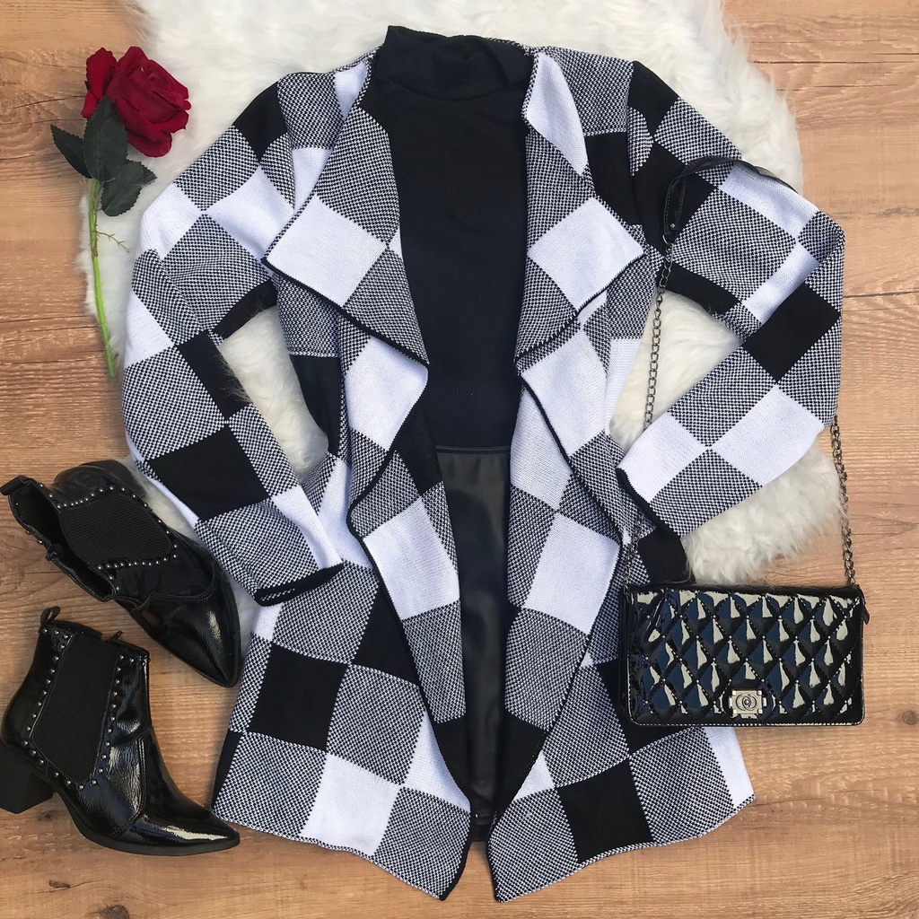Casaco Feminino Tipo CardiganEm Tricot Kimono Sobretudo Tricô Xadrez