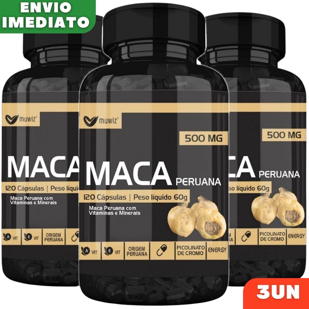 Kit 3 Maca Peruana Com Vitaminas 120 cápsulas 500mg - Muwiz