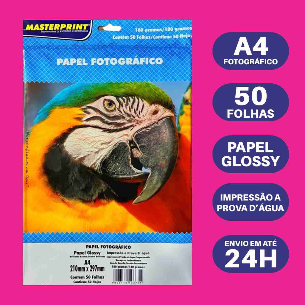 Papel Fotográfico Glossy 180gr 50 Folhas A4 Brilho À Prova D'água MasterPrint Original