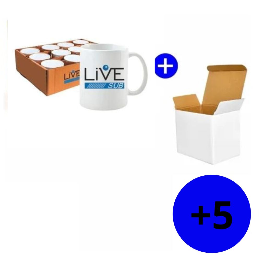 5 Canecas Branca de Cerâmica 325ml Live Sub + 5 Caixinhas Branca - A Pronta Entrega! em Oferta na Shopee