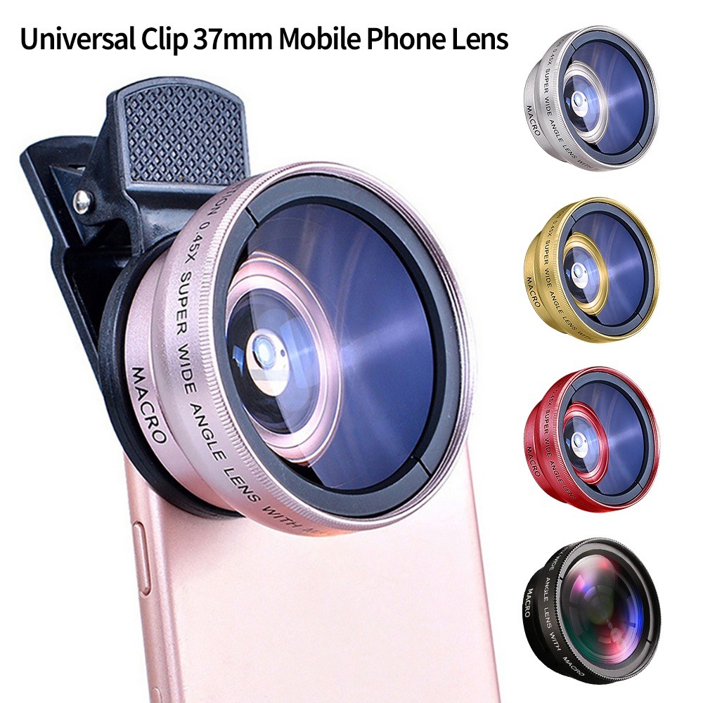 Lente macro celular 2 Em 1 Lente Olho de peixe Clip Universal 37mm 0,45x 49uv Super Wide Angle + Macro HD iPhone Samsung Android