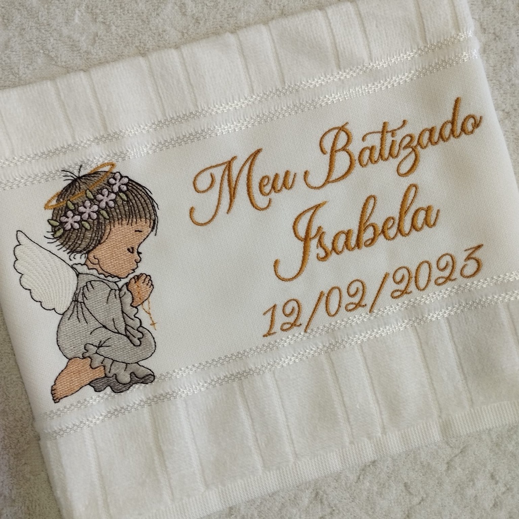 Toalha Toalhinha Infantil Branca Bordada Com Anjinha Para Batismo Batizado Personalizada Com Nome