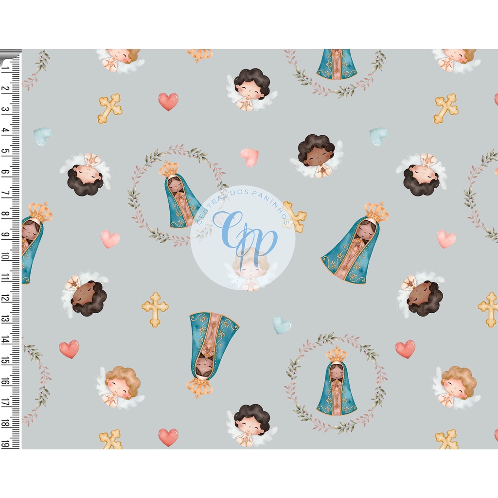 Tecido tricoline, microfibra ou gabardine - Nossa Senhora - Anjos - fundo cinza - 0.50cm em Oferta na Shopee