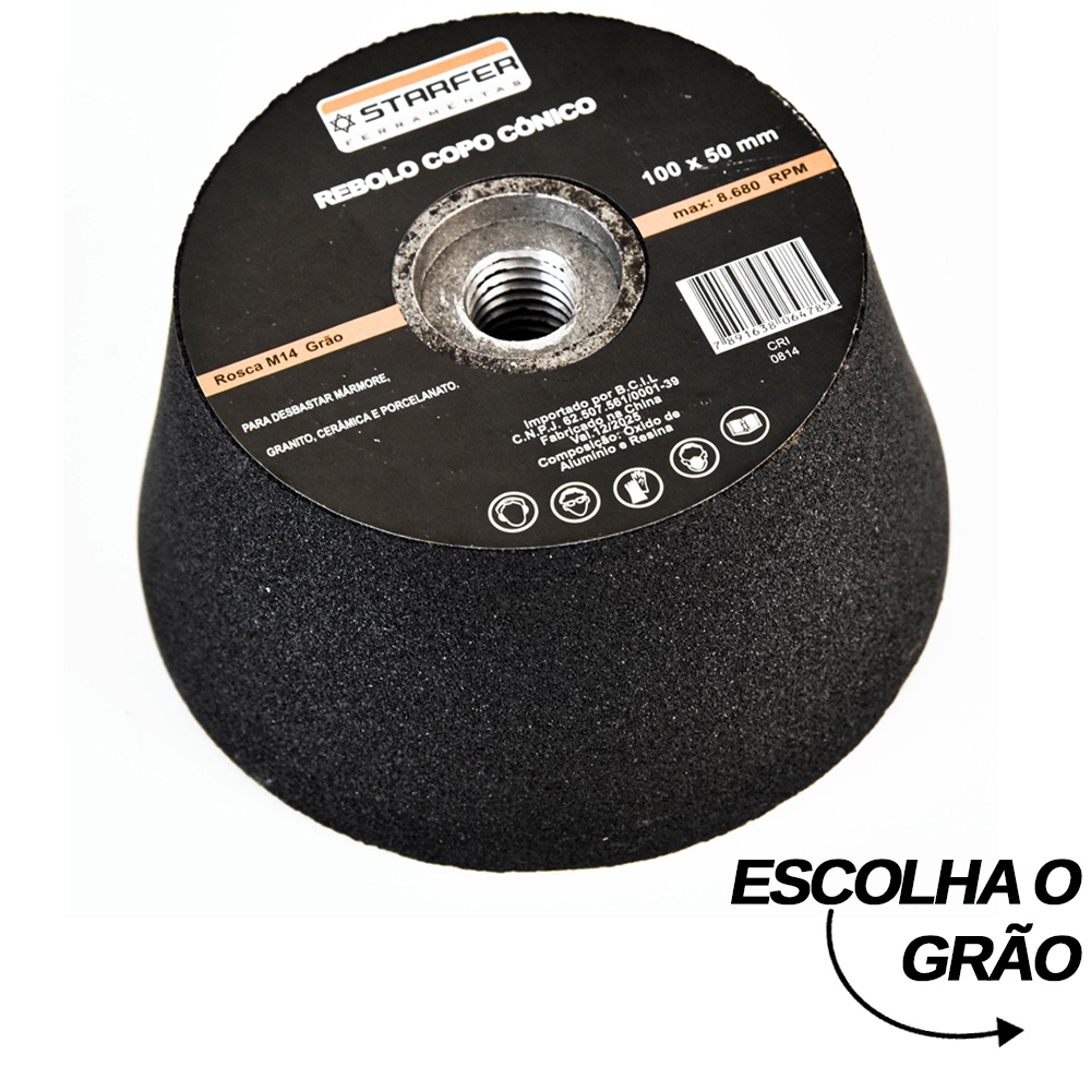 Rebolo Copo Conico 4 Polegadas 100x50mm Rosca M14 Grão 60 a 120 - Starfer