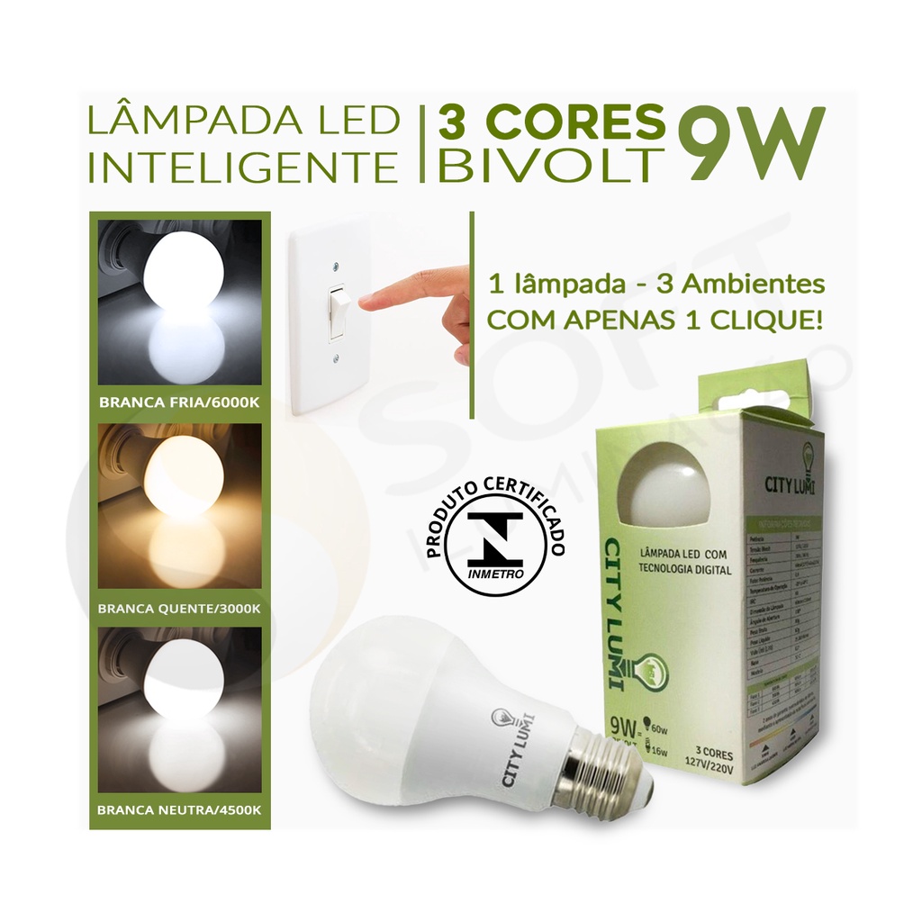 4 Lâmpadas LED Inteligente Com 3 TONS de Luz Branca (Fria/Quente/Neutra) A60 9W E27 BIVOLT - CITY LUMI