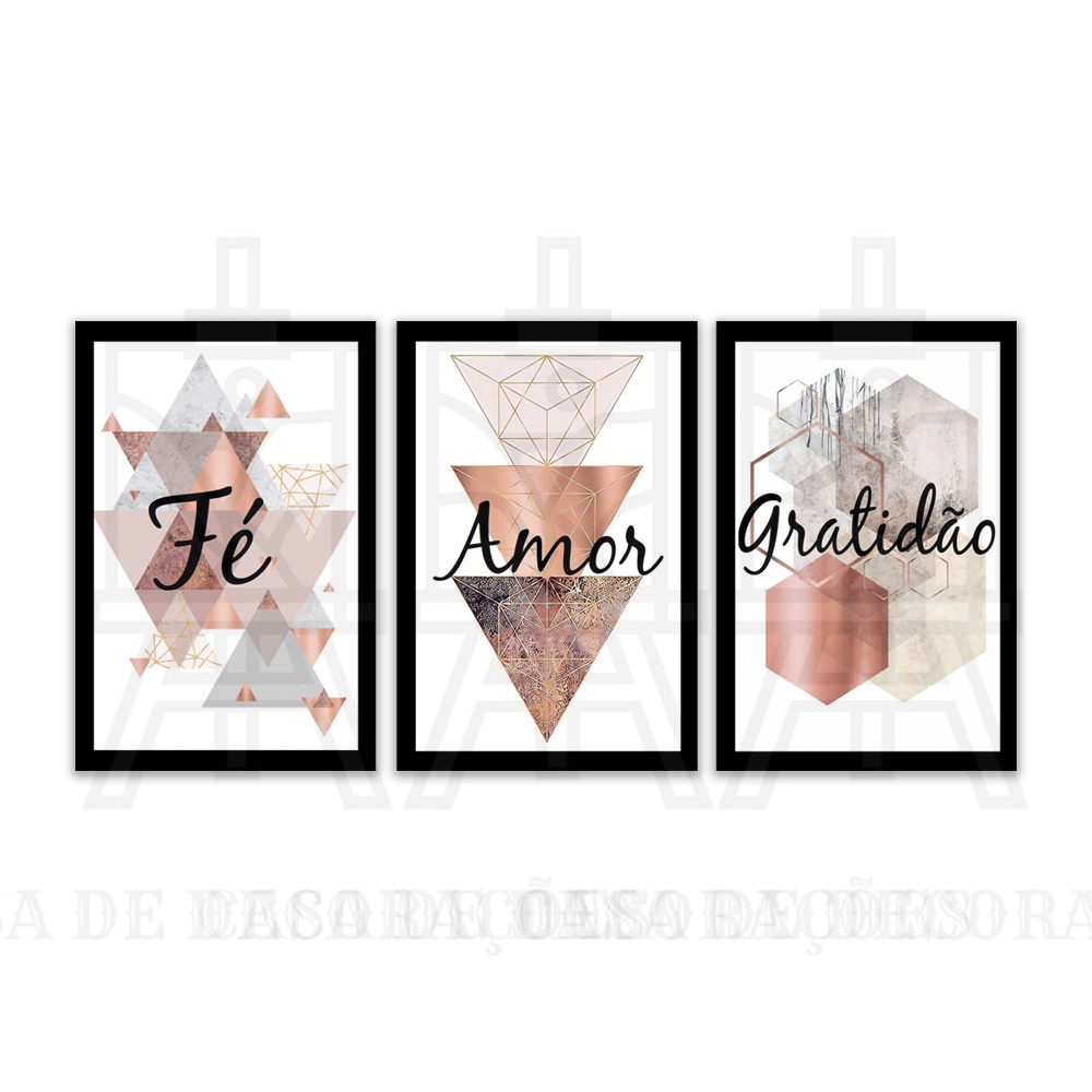 Kit Quadros Decorativos 3 Peças Fé Amor Gratidão Geométrico Abstrato Moderno Motivacional Religioso