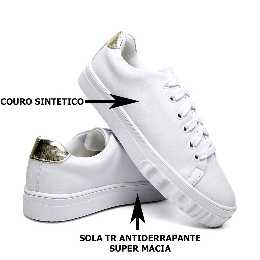Tênis Feminino Básico Casual Branco Confortável Dia a Dia Antiderrapante Barato Detalhe Dourado Envio Imediato