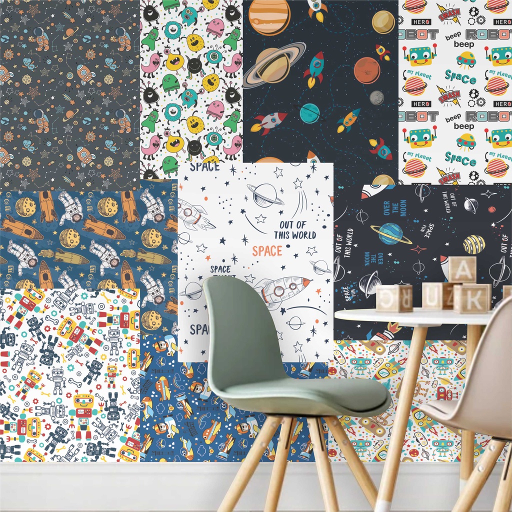 Lambe Lambe Adesivo Kit Cartaz Infantil Astronauta Planetas Céu Estrelas Foguete Nave Espacial L199