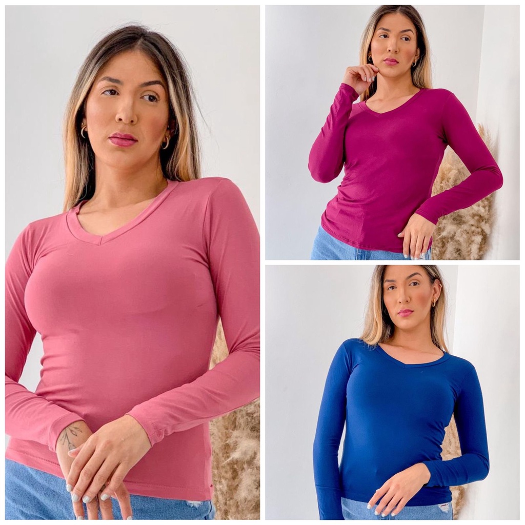 Kit 3 Blusas Femininas Basicas Gola V Manga Longa Segunda Pele Blusinha Tshirt