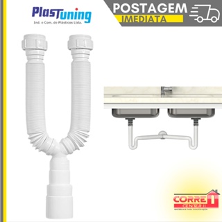 Sifão Sanfonado ( DUPLO PLASTUNING ) Pia Flexível Extensível Universal Branco Para Cuba Banheiro, Cozinha, Tanque em Oferta na Shopee
