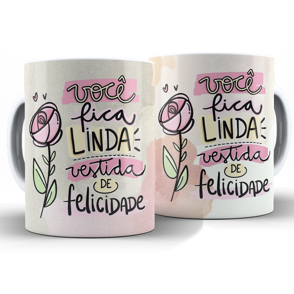 Caneca Frase Vestida De Felicidade Personalizada Com Nome + Caixa - Xícara Divertida 325ML Cerâmica
