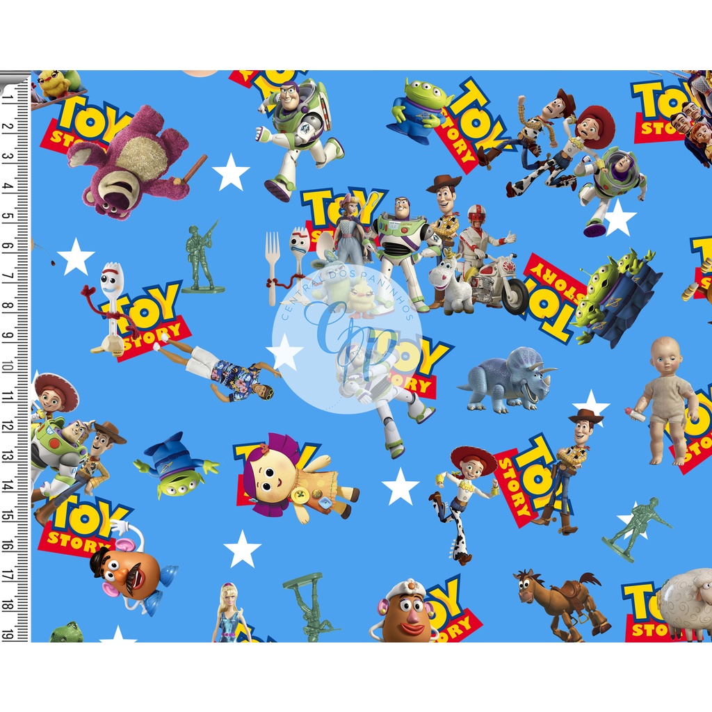 Tecido tricoline, microfibra ou gabardine - Toy Story - amigos - fundo azul - 0.50cm em Oferta na Shopee