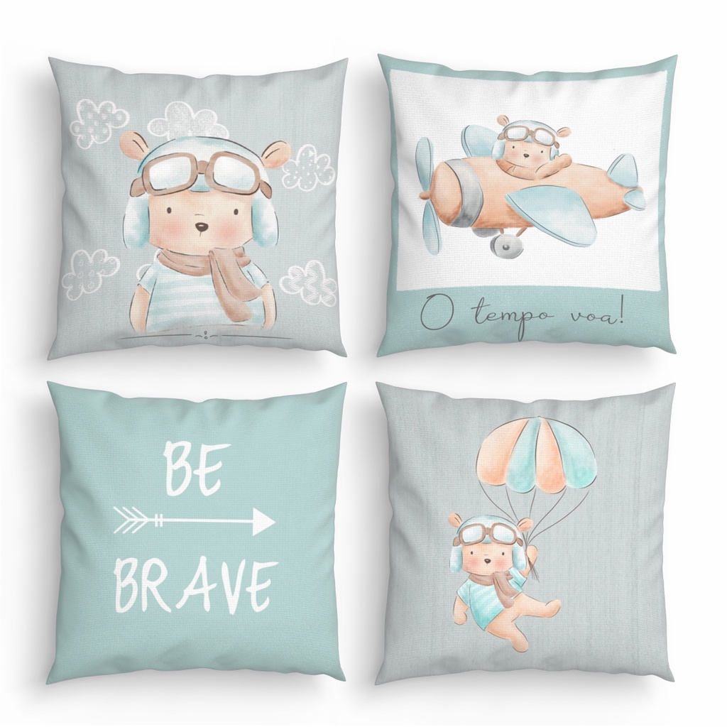 Kit 4 Capas de Almofadas Decorativas 45cm Ursinho Baloeiro Be Brave mod01 Quarto menino