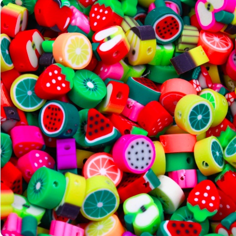 Até 100 Peças Entremeio Miçanga Infantil Frutinha Fruta Emborrachado PVC 10MM Fimo em Oferta na Shopee