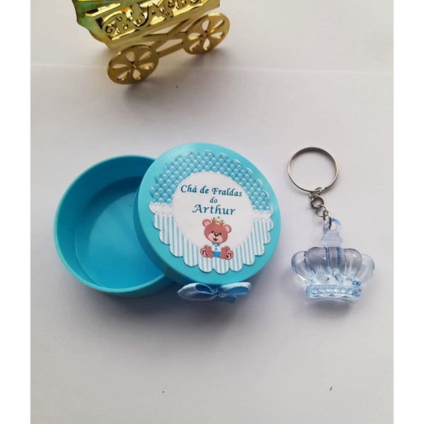 Kit 30 - Latinha Personalizada Com Chaveiro Coroa Acrílico Lembrancinha Chá de Bebê, Maternidade