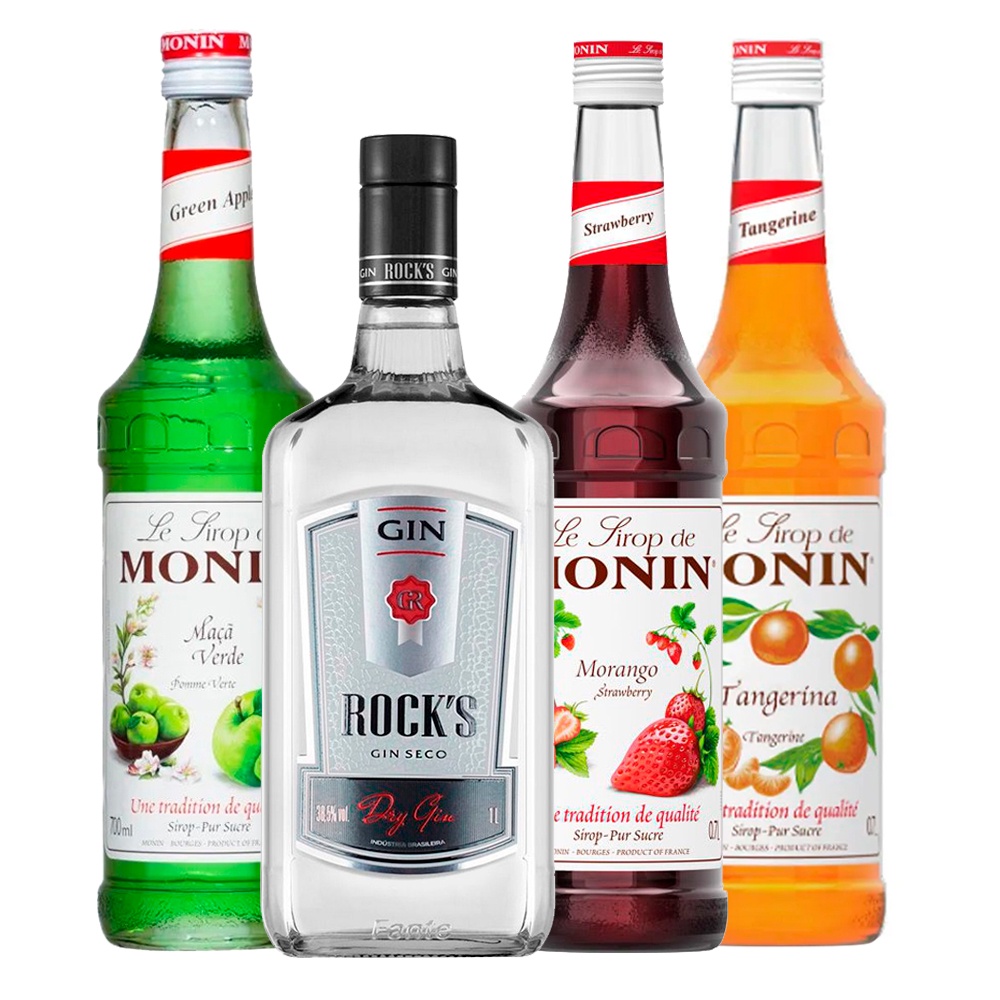 Combo Gin Rocks London Dry Xarope Monin Vários Sabores 700ml Gin Tônica