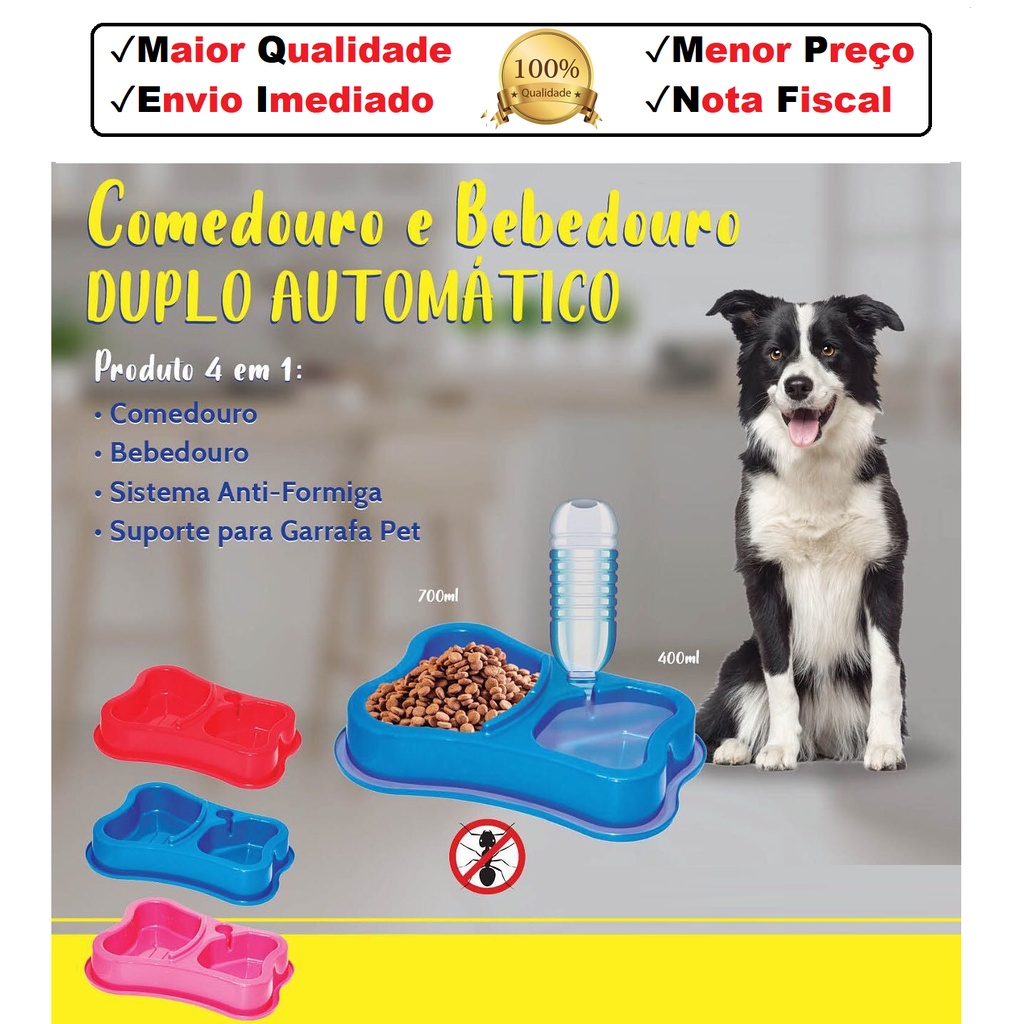 Comedouro Duplo Para Cachorro Gato Coelho Pet Anti Formiga Bebedouro Automático Garrafa  - Premium