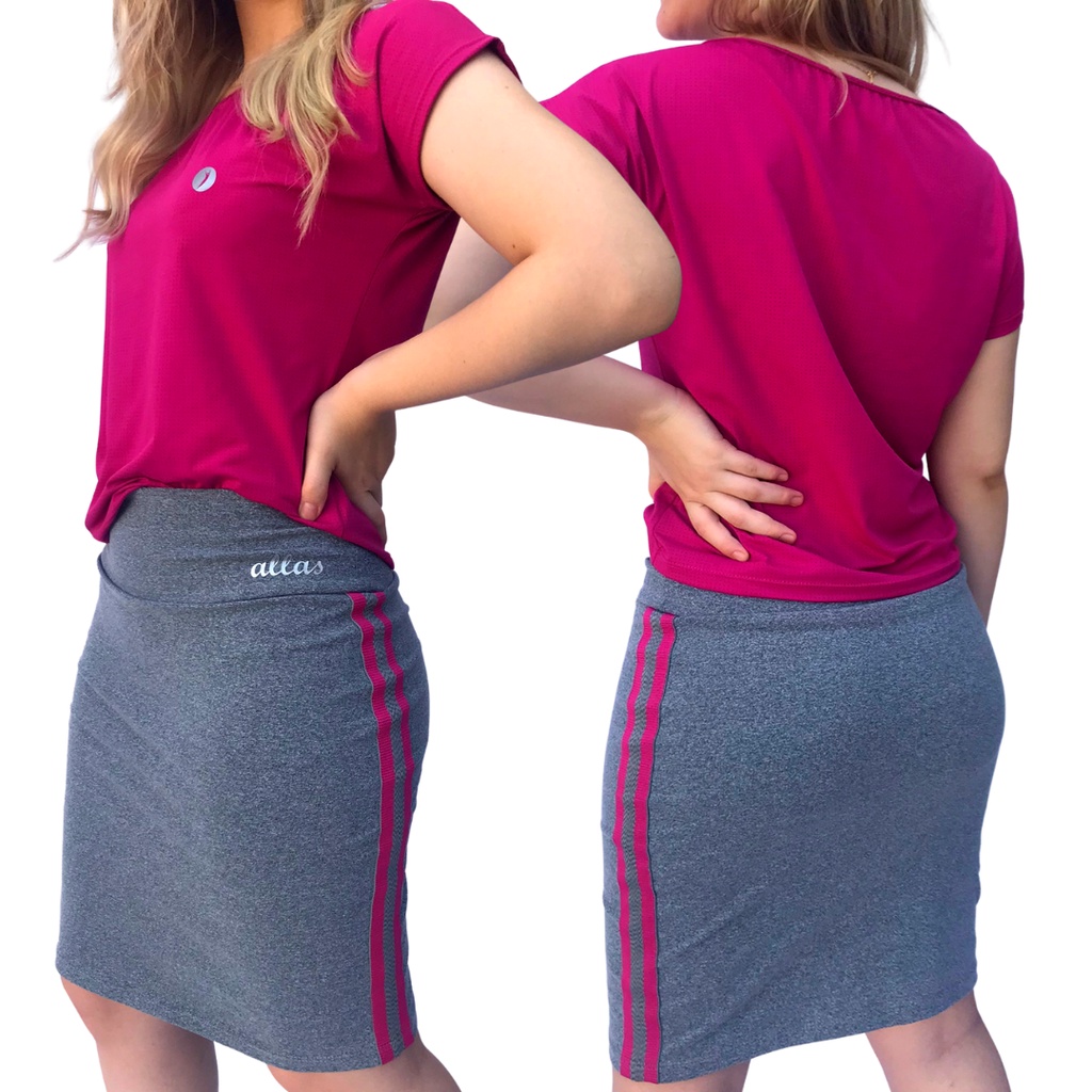 Conjunto de Short Saia com bolso +Blusa Dryfit Fitness Moda Evangélica UV50+ Academia Caminhada