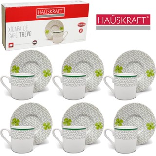 JOGO DE XICARA DE PORCELANA COM PIRES PARA CAFE TREVO HAUSKRAFT 12 PECAS 80ML